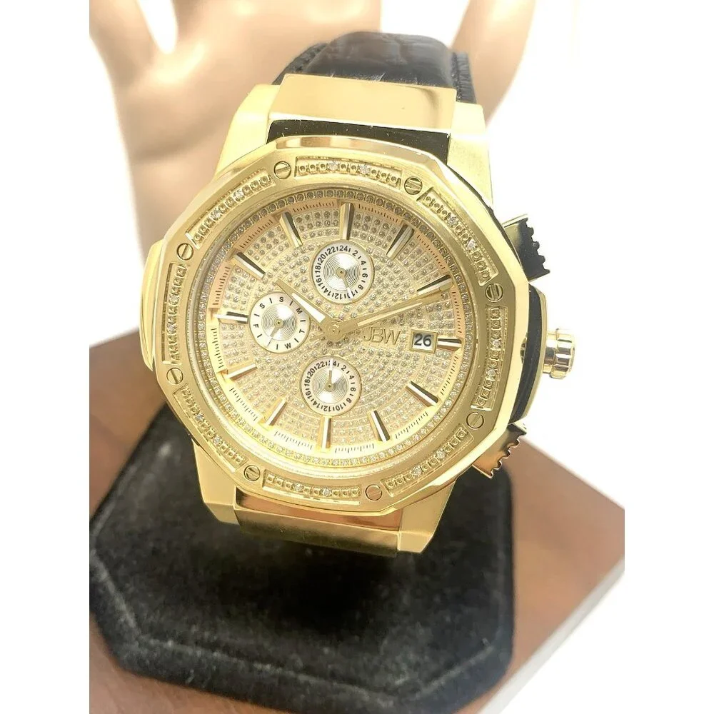 JBW Men's Watch JB-6101L-10A Saxon Diamond Quartz Gold Black Leather Band 48mm